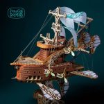 wooden-steampunk-flying-ship-model-with-gears Wooden steampunk flying ship model showing interlocking gear details