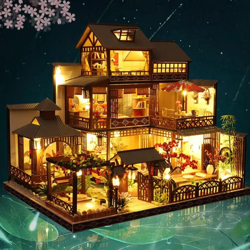 Yaquan Court miniature dollhouse kit fully assembled with LED lighting on