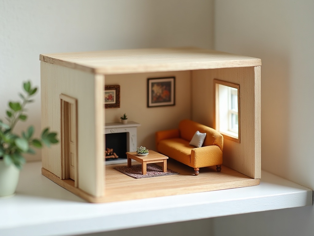 1:12 scale dollhouse room box with detailed miniature furniture and fireplace