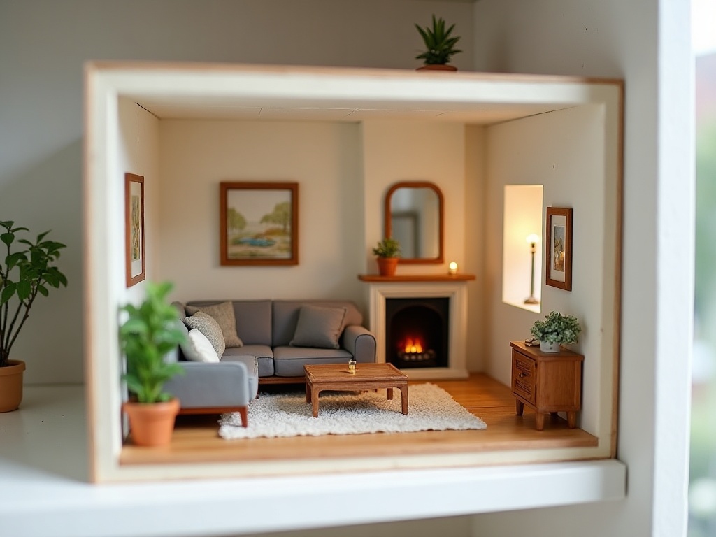 1:12 scale dollhouse room box with detailed miniature furniture and fireplace
