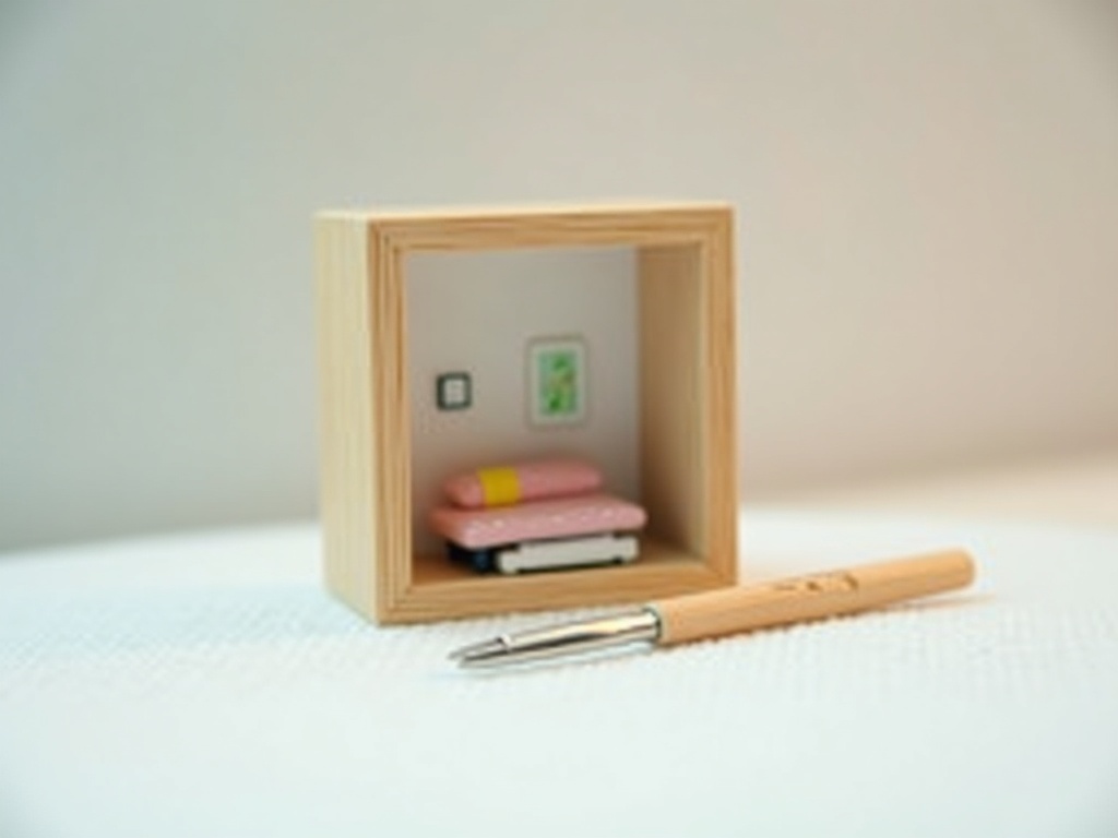 1:48 quarter-scale miniature room scene with micro furniture and tweezers