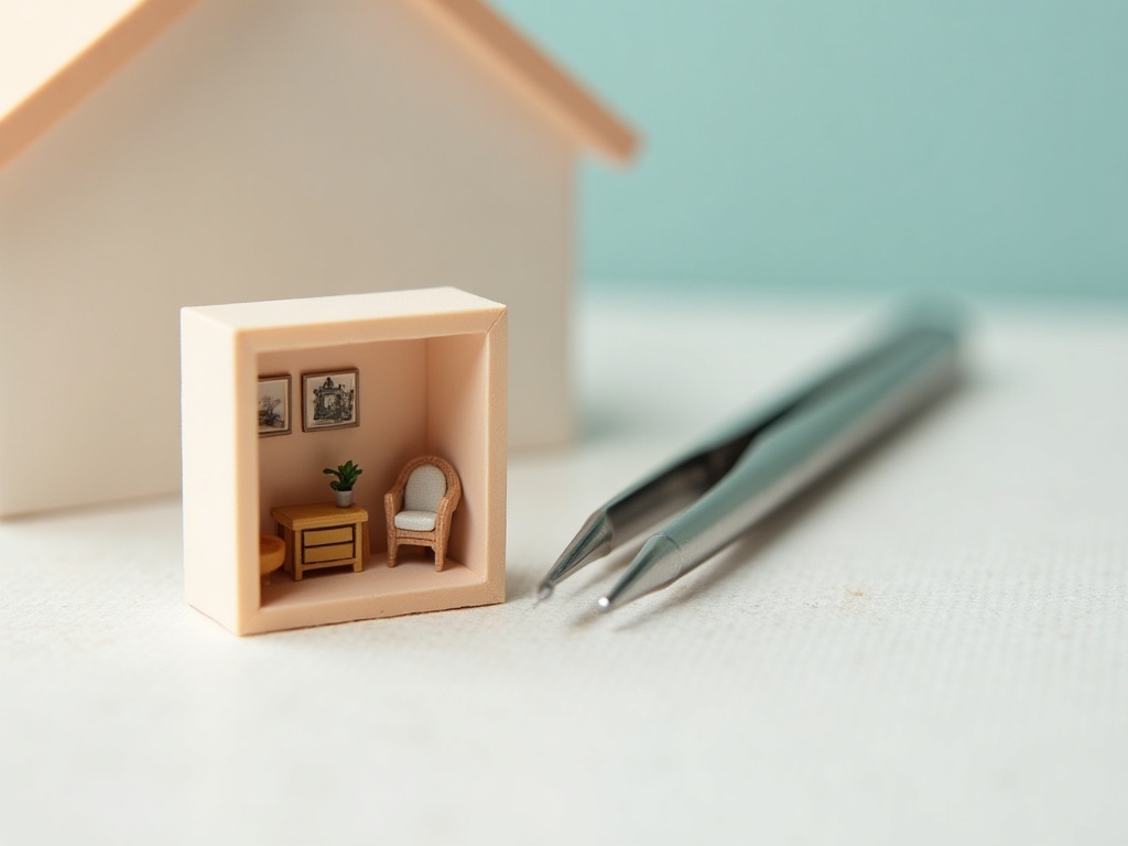 1:48 quarter-scale miniature room scene with micro furniture and tweezers
