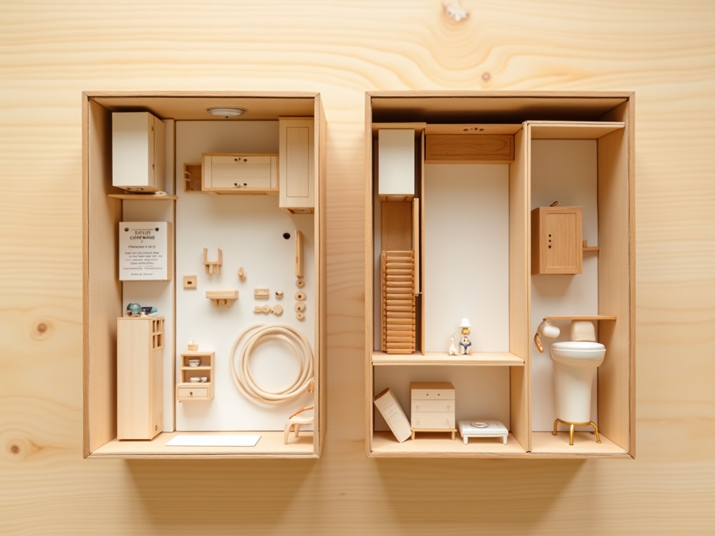 Two miniature house kit boxes open side by side showing laser-cut wood parts and tiny furniture accessories