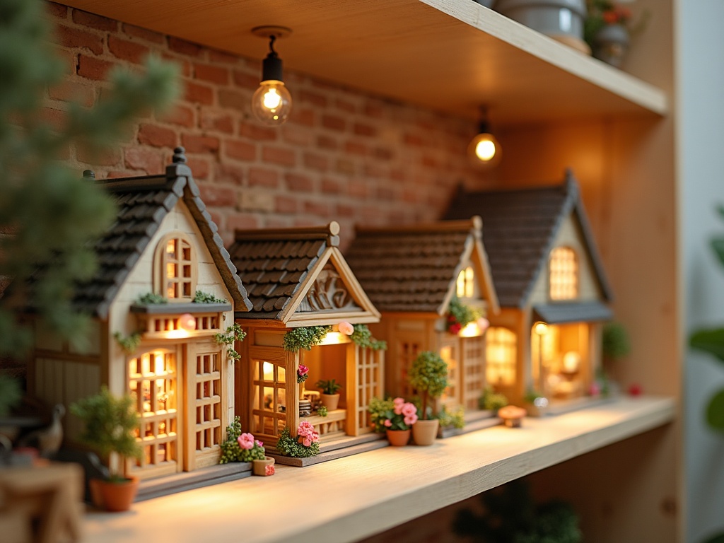 Four completed miniature house kits on a wooden shelf including a bookshop, greenhouse, cottage and tea room