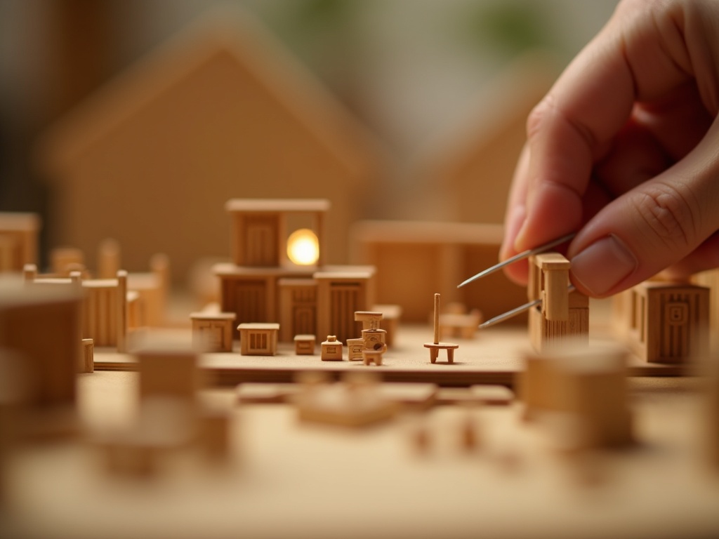 Crafter using tweezers to assemble tiny wooden furniture pieces for a miniature house kit