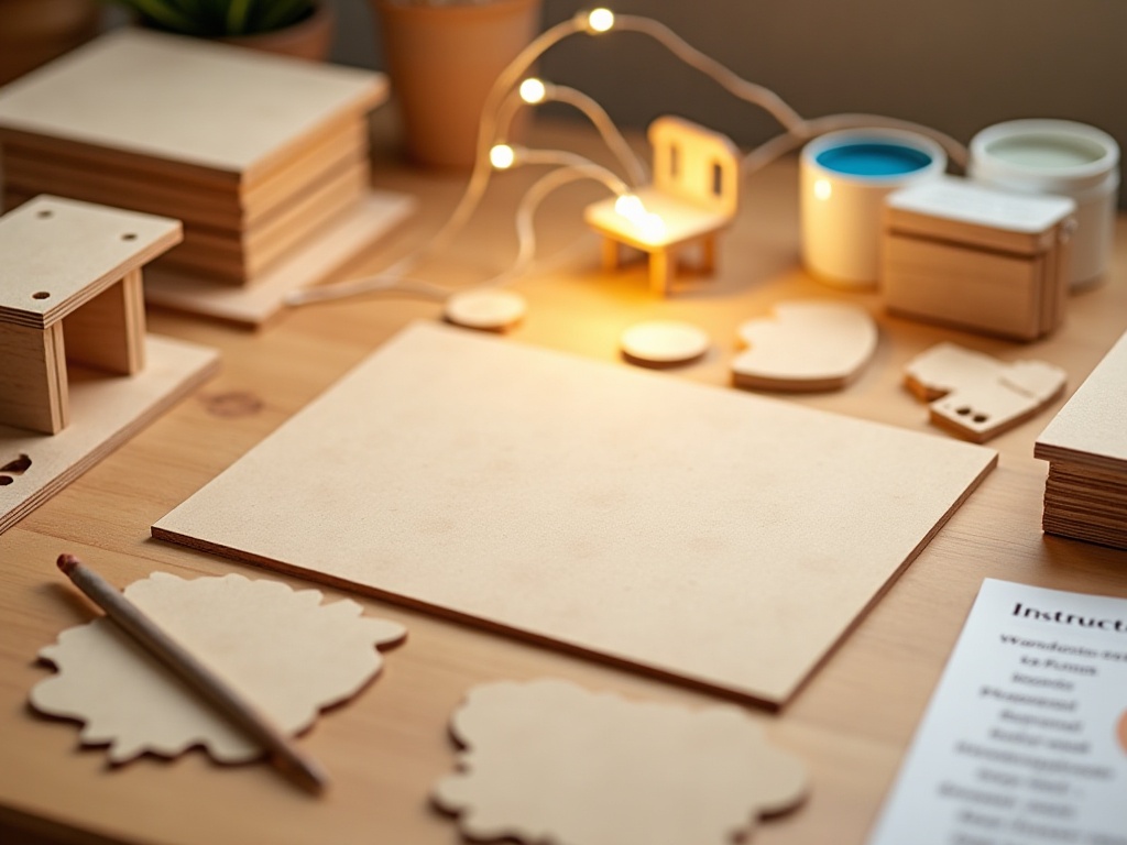 Beginner book nook kit with wooden panels, miniature furniture and LED lights on a craft table