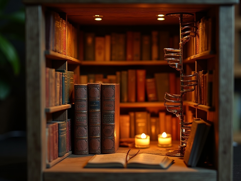 Finished Victorian library book nook insert glowing between books on a shelf