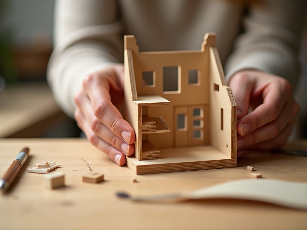 Adult hands assembling a DIY miniature house kit at a wooden craft desk
