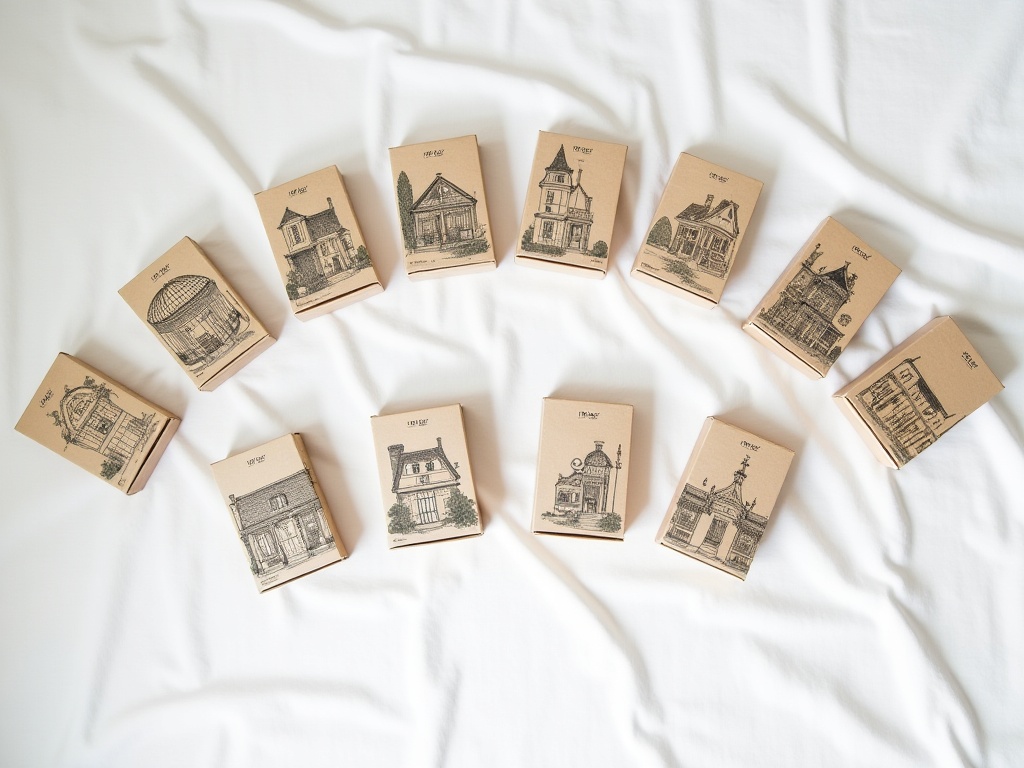 Twelve DIY miniature house kit boxes displayed in a flat-lay arrangement showing different architectural themes