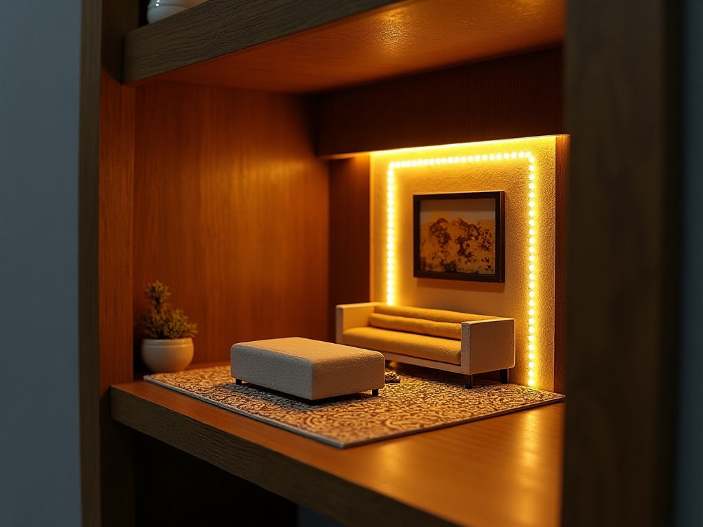 Completed Art Deco miniature penthouse suite kit with LED lighting and gold foil accents on display shelf