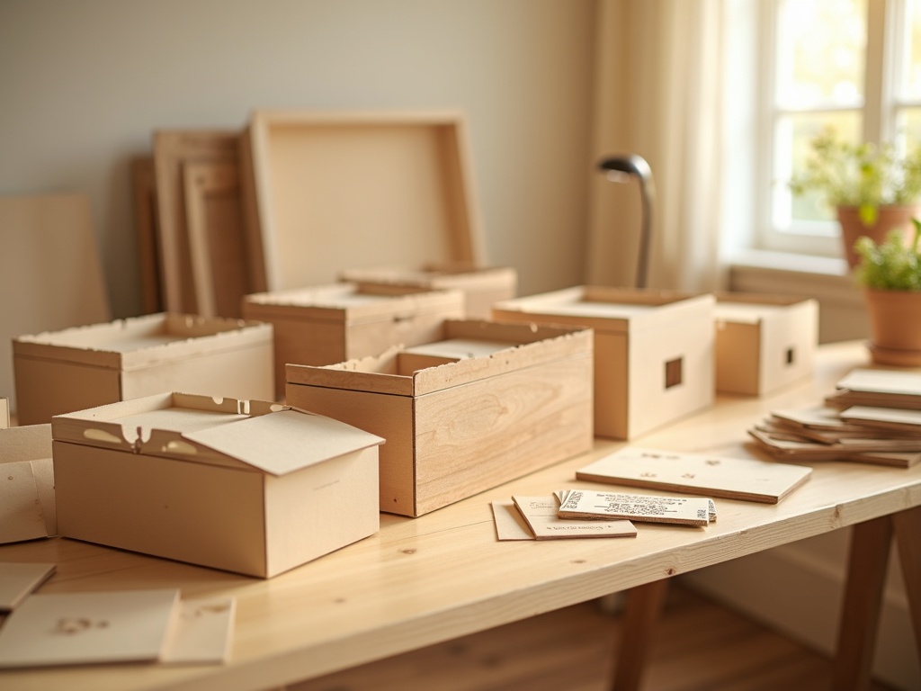 Multiple miniature house kits compared side by side on a craft table showing different quality tiers
