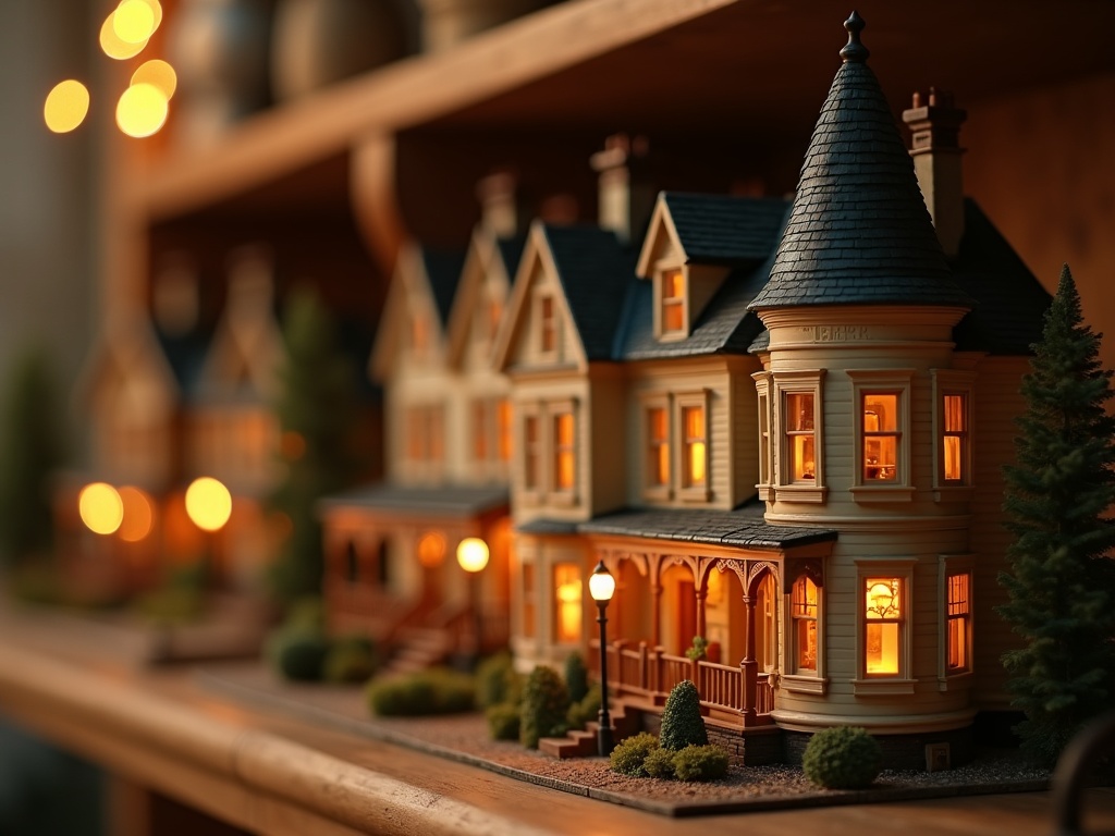 Finished CuteDeco premium miniature Victorian house kit with LED lighting on a display shelf