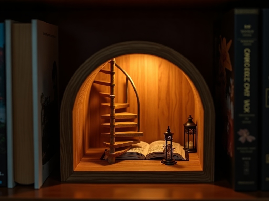 Glowing book nook insert with miniature staircase displayed between books on a wooden shelf