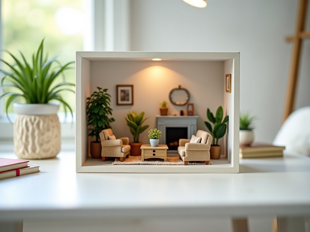 Open-face miniature diorama shadow box displaying a detailed tiny living room scene on a desk