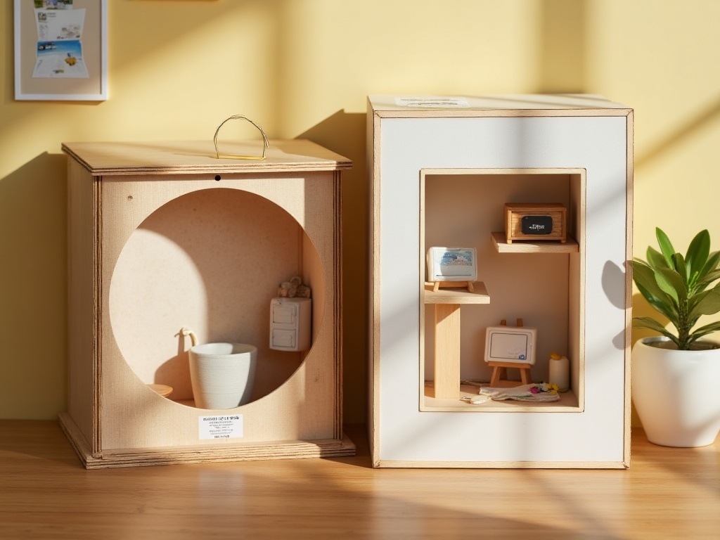 Book nook kit and diorama kit displayed side by side on a wooden table showing their components