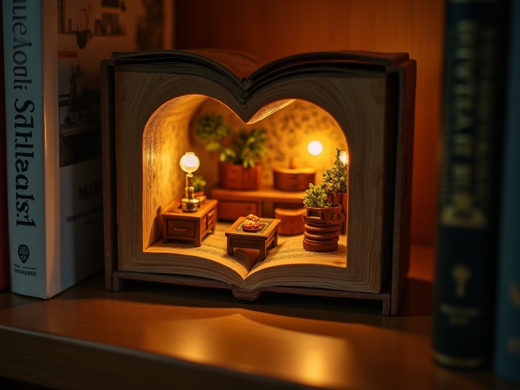 Book nook insert glowing with warm lights placed between books on a wooden shelf