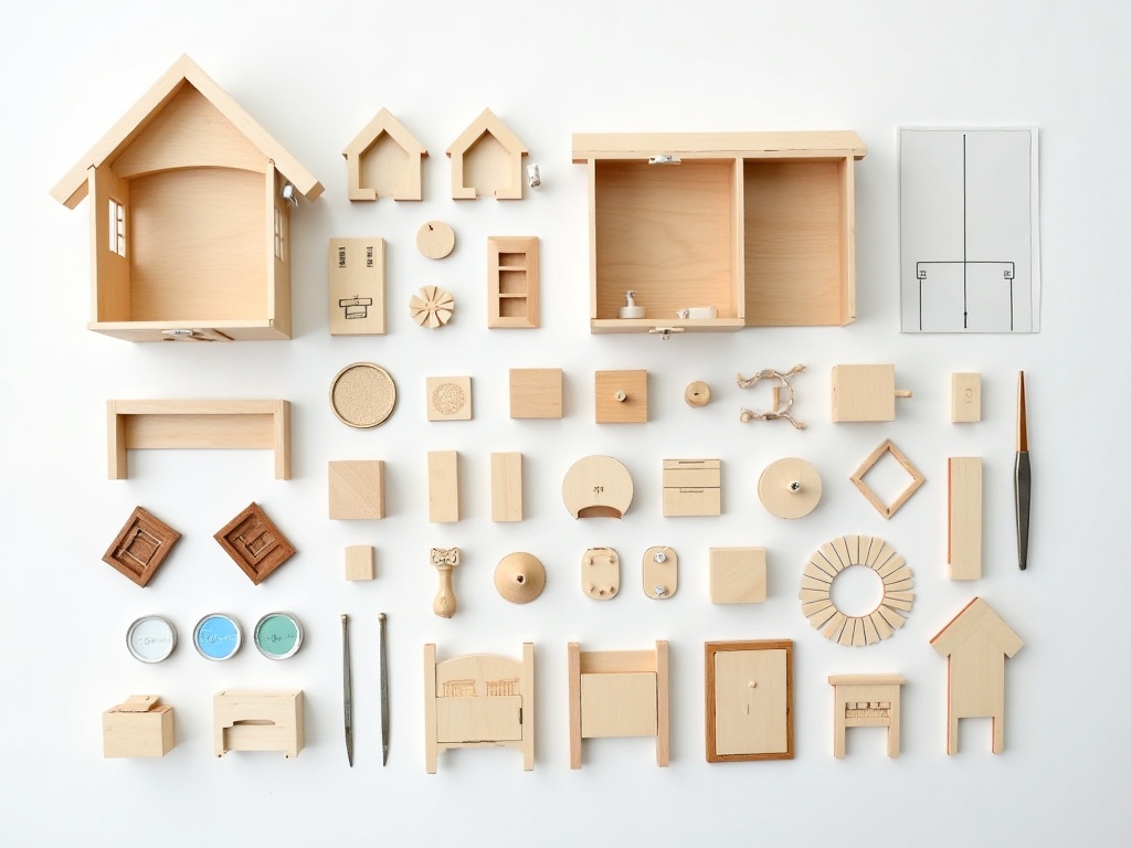 Miniature house DIY kit components laid out flat including laser-cut wood pieces, furniture parts, and paint pots