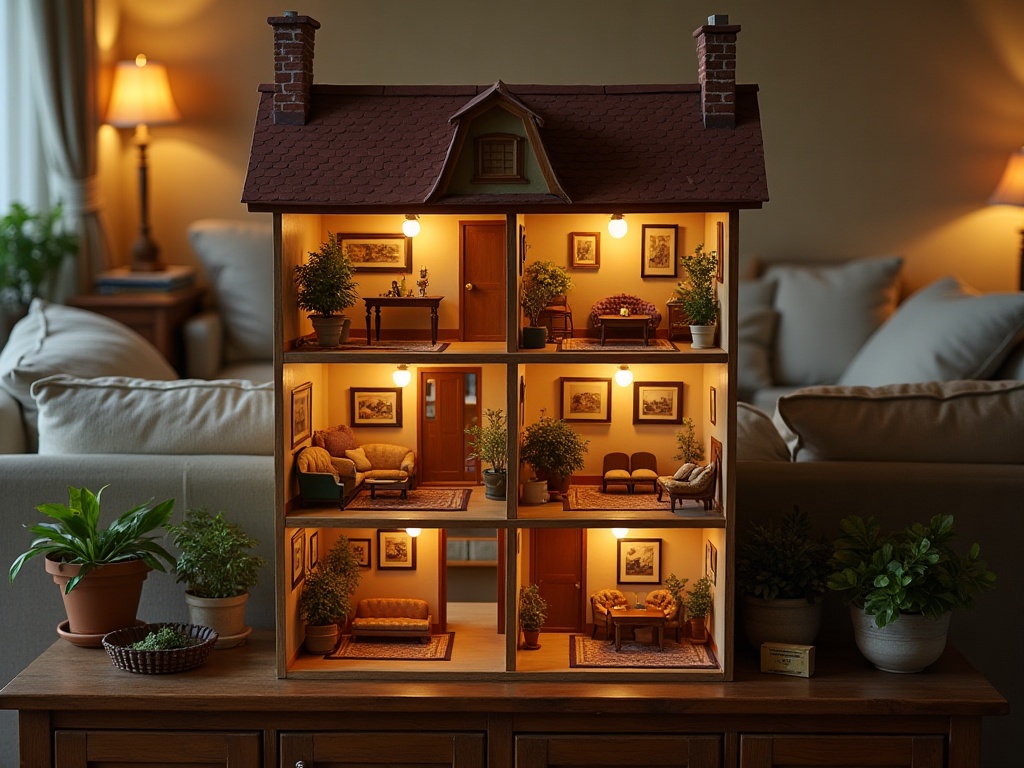 Open-front wooden dollhouse with multiple decorated rooms including tiny furniture, rugs, and miniature plants