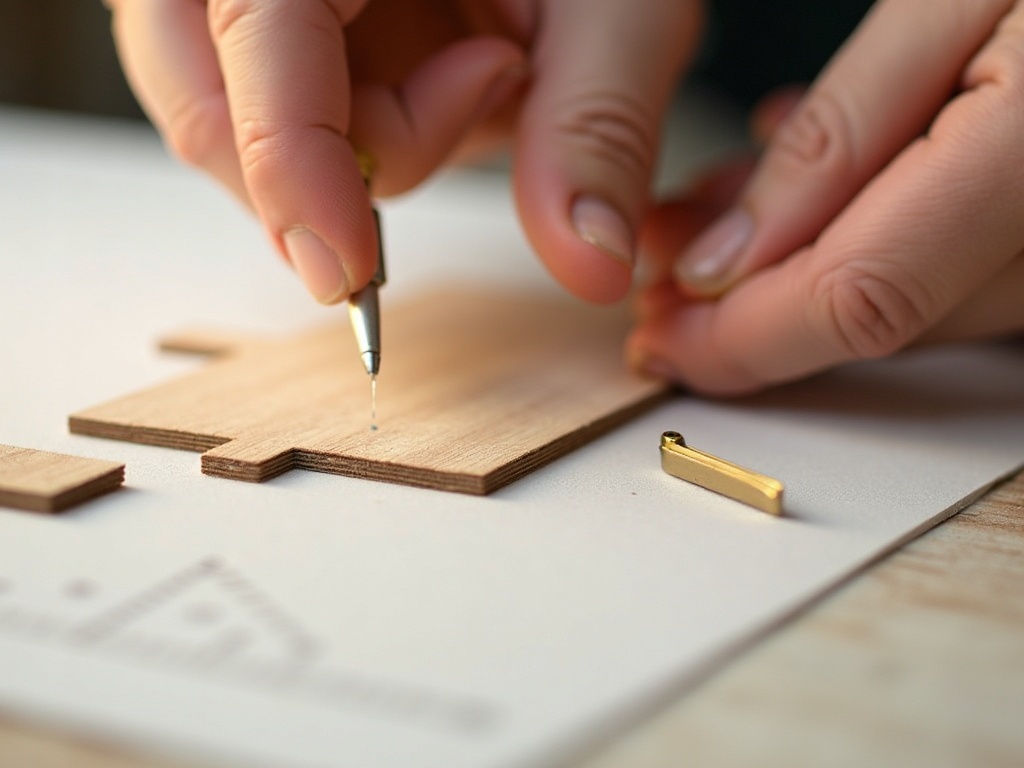 Hands applying wood glue to a miniature house kit wall panel during assembly