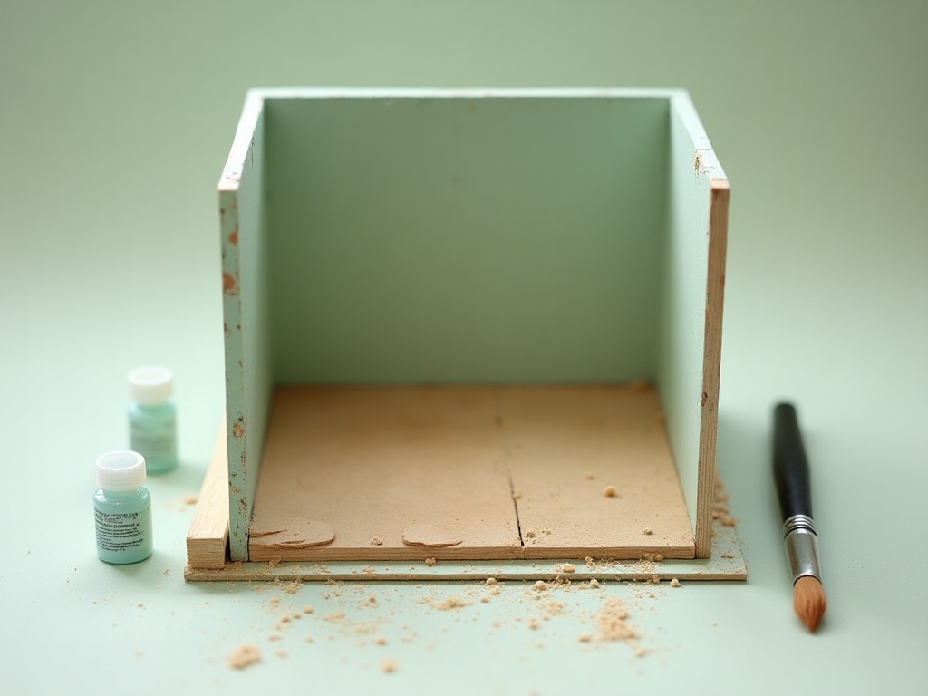Miniature house interior mid-assembly with painted walls and tiny wooden floor planks being laid