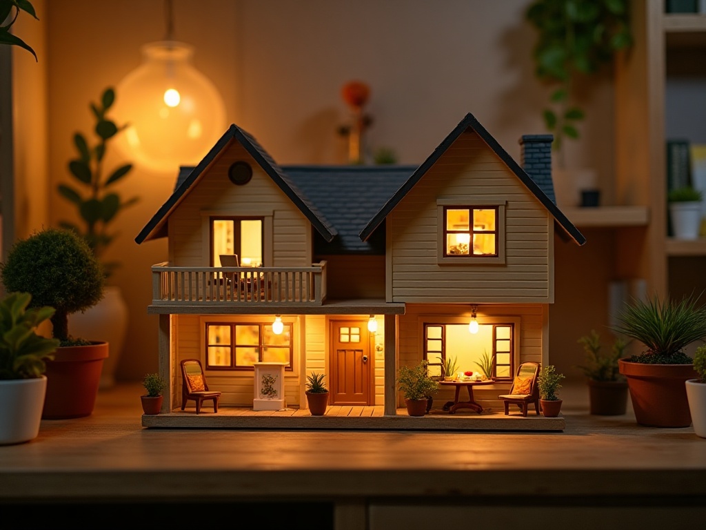 Finished miniature house kit glowing with warm LED lights through tiny windows on a display shelf