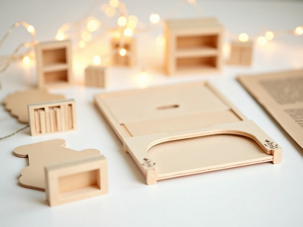 Book nook kit components spread out before assembly including wooden panels, miniature doors, and LED lights