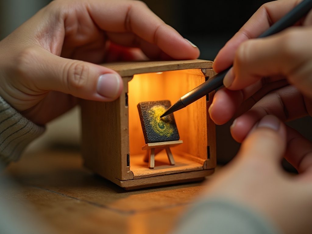 Hands placing a miniature painting inside a book nook using tweezers during the decorating stage