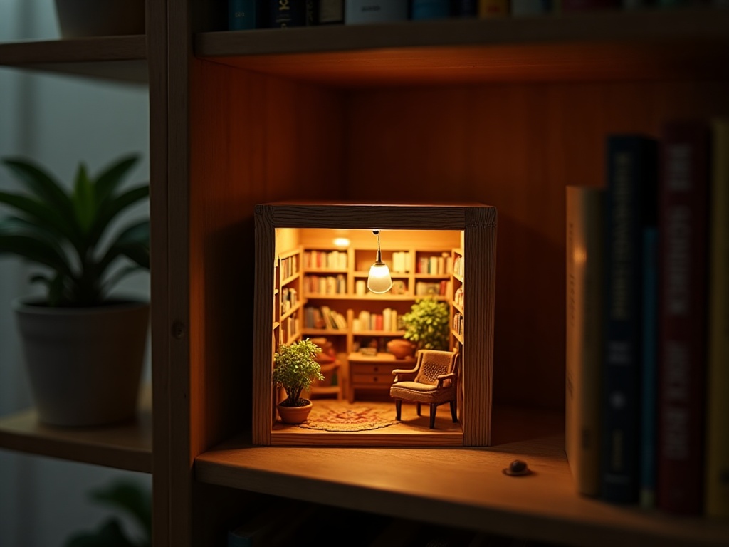 Finished beginner book nook inserted between books on a bookshelf glowing with warm LED lights