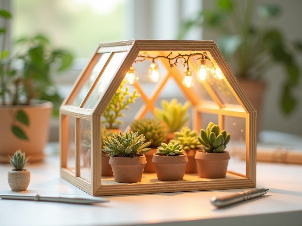 Assembled miniature greenhouse kit with wooden frame and tiny succulents inside