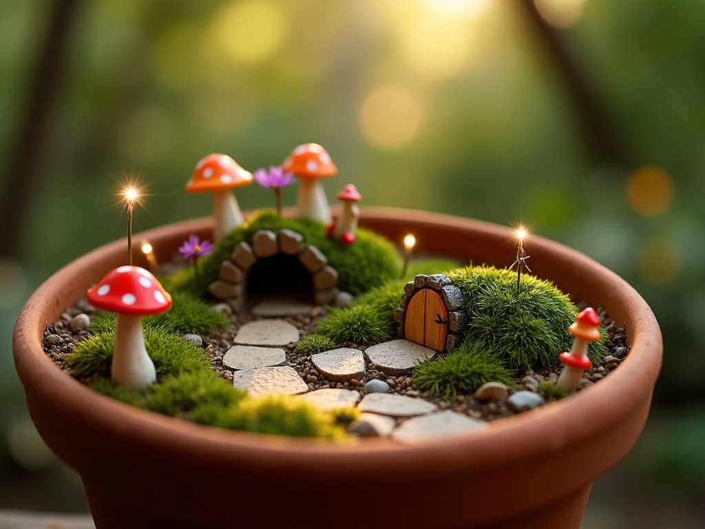 Fairy garden scene inside a terracotta pot with moss, tiny mushrooms and a miniature wooden door