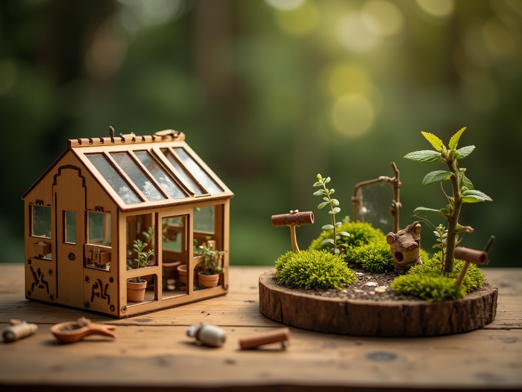 Side by side comparison of a miniature greenhouse kit and a fairy garden project on a craft table
