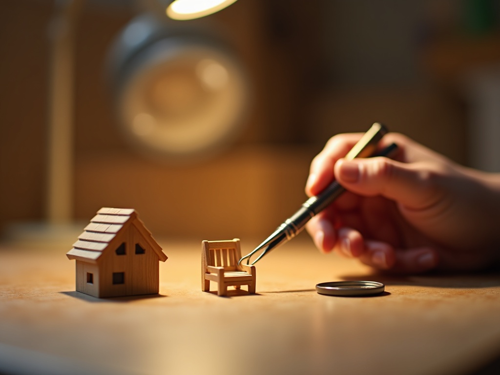 Crafter using tweezers to place tiny furniture in a 1:24 scale miniature house kit