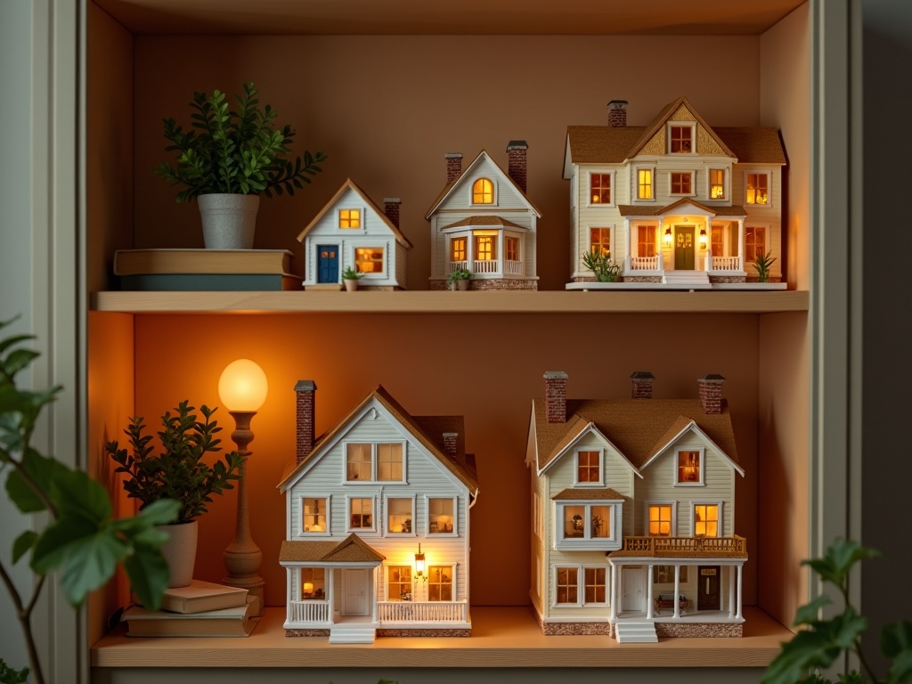 Multiple 1:24 miniature houses displayed on a bookshelf compared to a single 1:12 dollhouse below