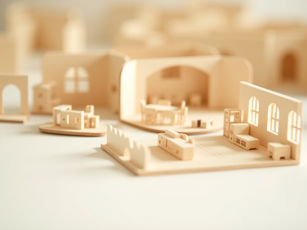 Laser-cut wooden miniature house kit pieces showing intricate detail before assembly