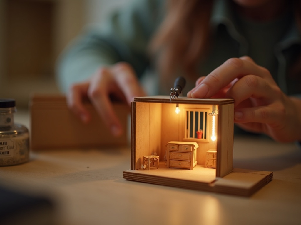 Crafter assembling a miniature room box kit with tweezers and LED lighting