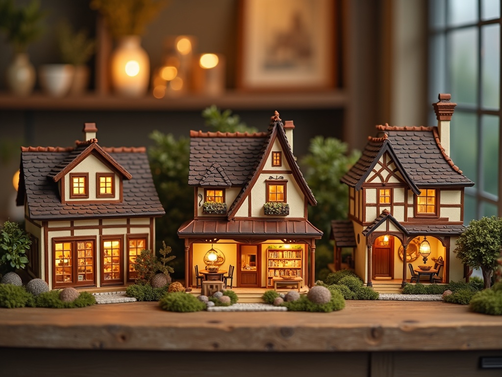 Three completed miniature house kits in different architectural styles displayed on a shelf