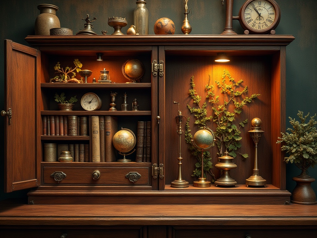 Vintage curiosity cabinet and modern glowing book nook insert side by side on a wooden surface