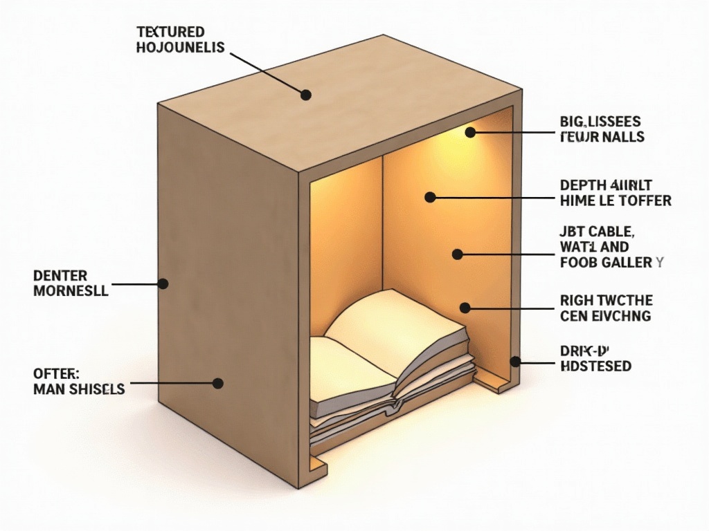 Exploded anatomy diagram of a book nook showing outer shell, interior depth layers, LED lighting, and miniature props