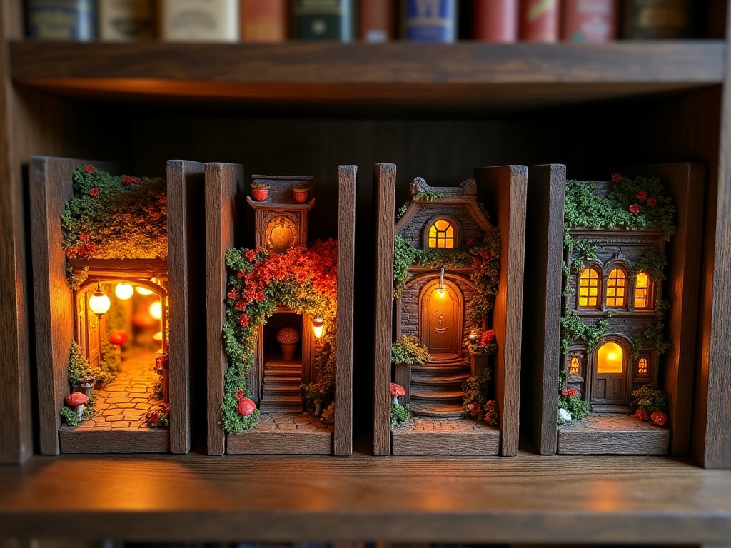 Four completed book nook dioramas on a wooden shelf showing Japanese alley, autumn cottage, wizard library, and Victorian street themes
