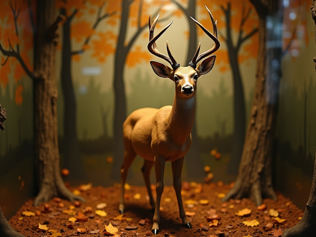 Classic natural history museum diorama with taxidermied deer in an autumn forest scene