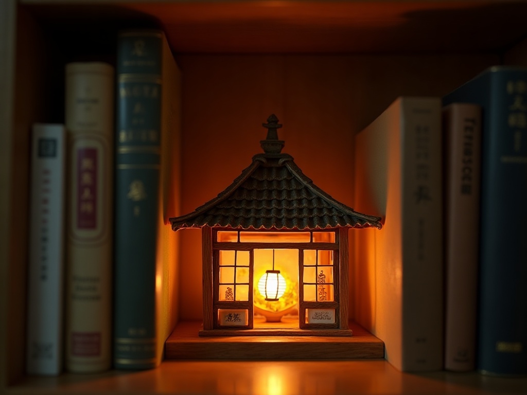 Glowing book nook kit between hardcover books showing a tiny Japanese tea house scene with LED lighting