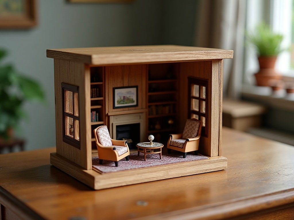 1:12 scale miniature house room box with Victorian living room details including tiny furniture and fireplace