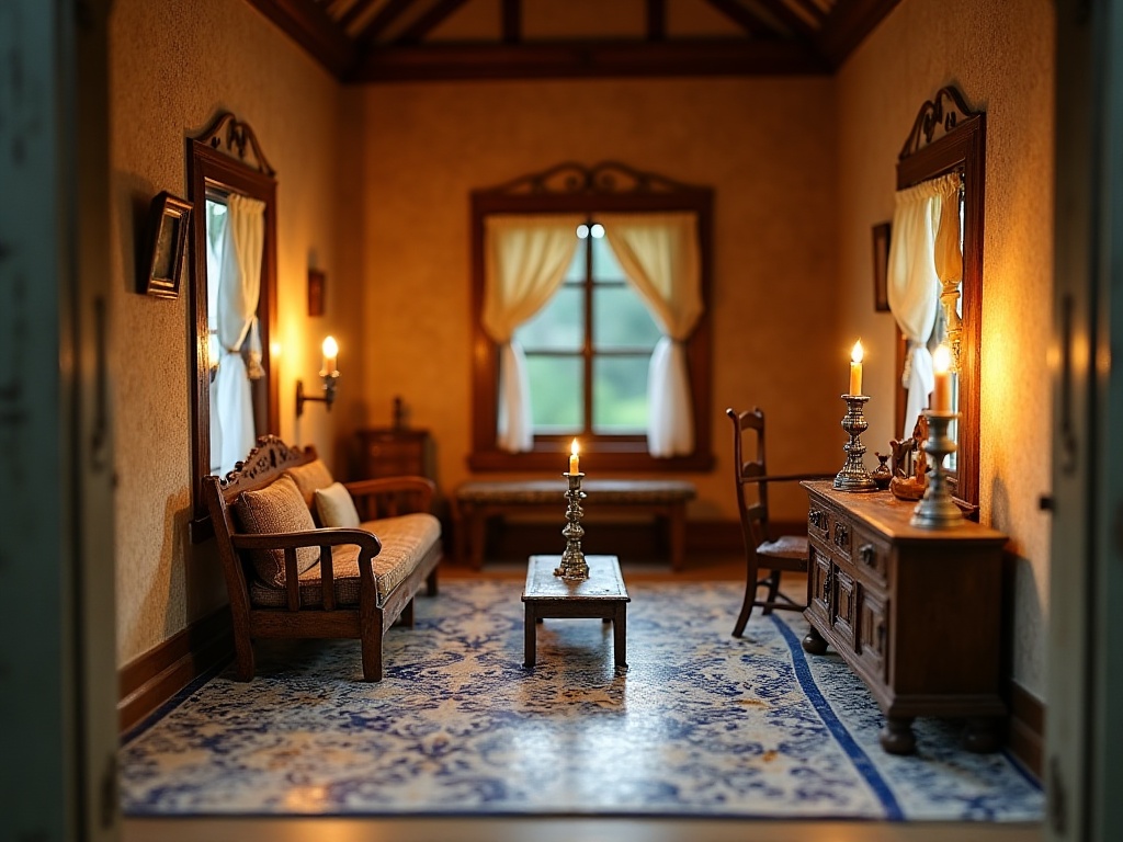 Interior of a 17th-century Dutch cabinet dollhouse showing miniature delftware tiles and silver furnishings