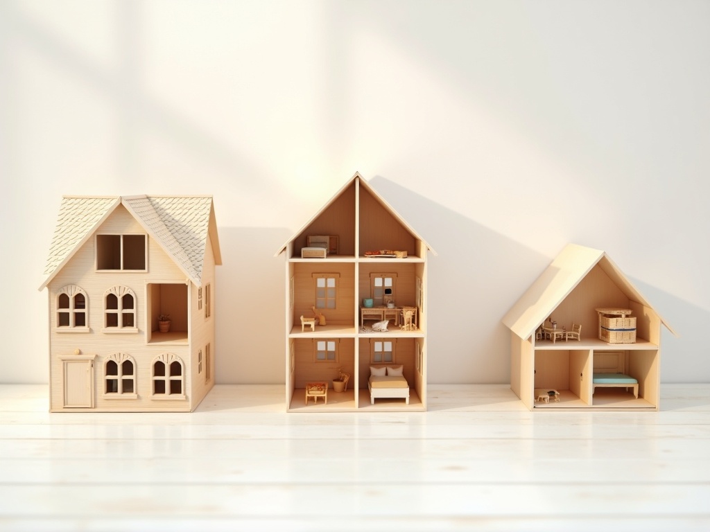 Three types of miniature house kits compared side by side: traditional dollhouse, miniature scene kit, and book nook kit