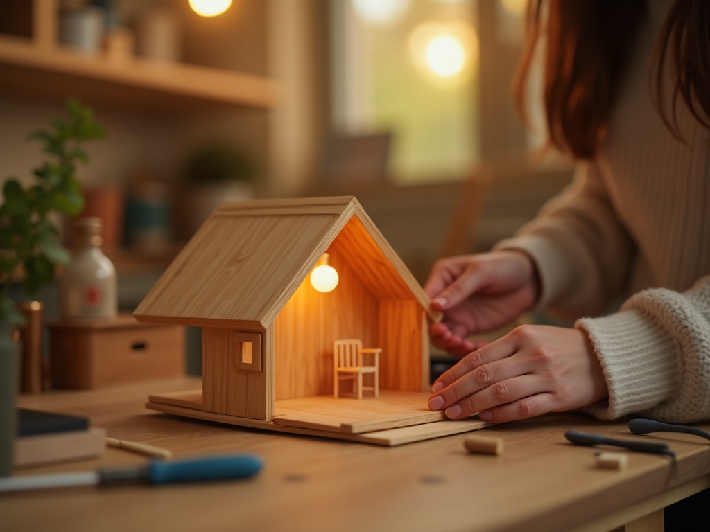 Adult hobbyist assembling a miniature house kit, placing tiny furniture inside an illuminated LED-lit miniature room