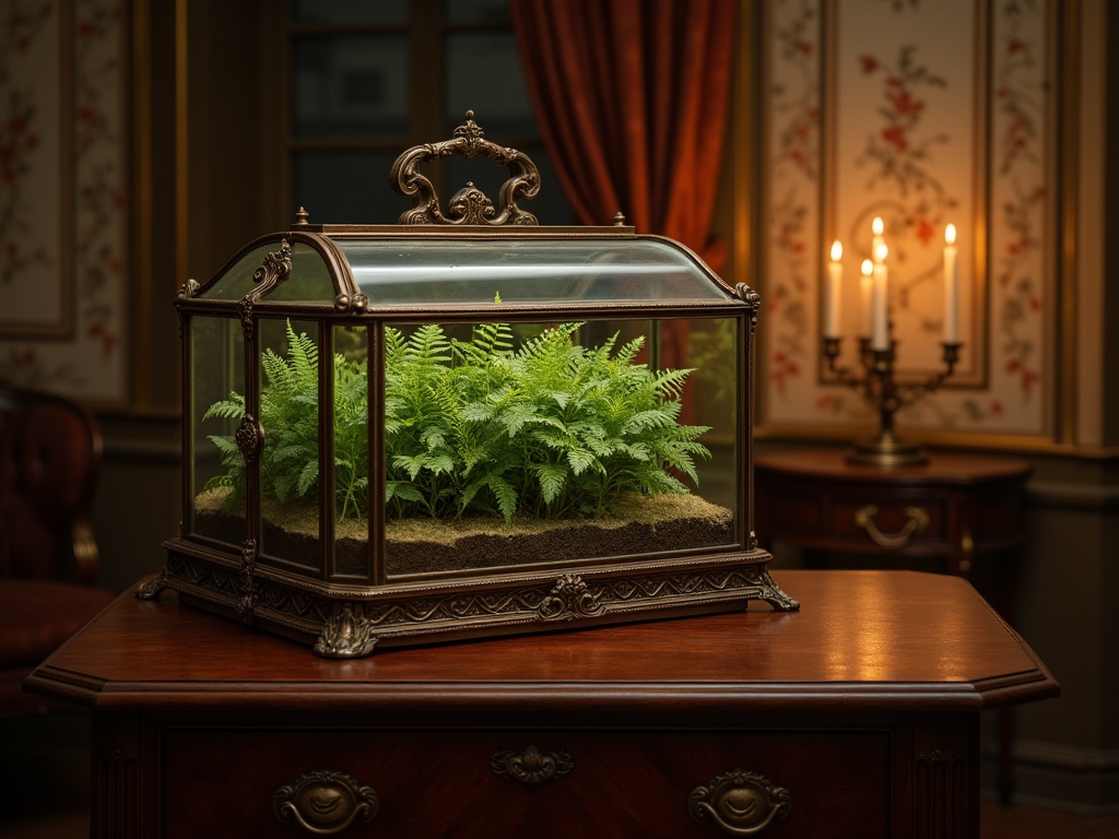 Victorian Wardian case with ferns on an antique parlor table, inspiration for modern miniature greenhouse kits