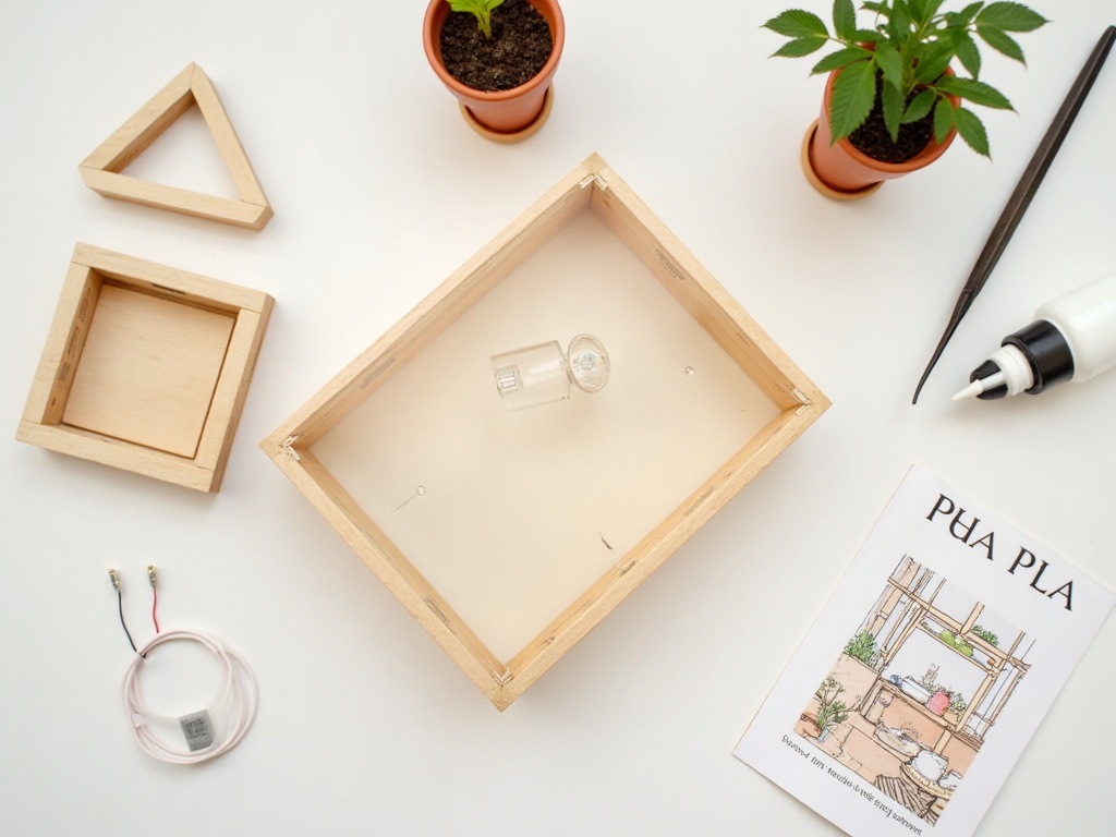 Miniature greenhouse kit parts laid out flat including laser-cut wood frame pieces, clear acrylic panels, tiny pots, and LED lighting