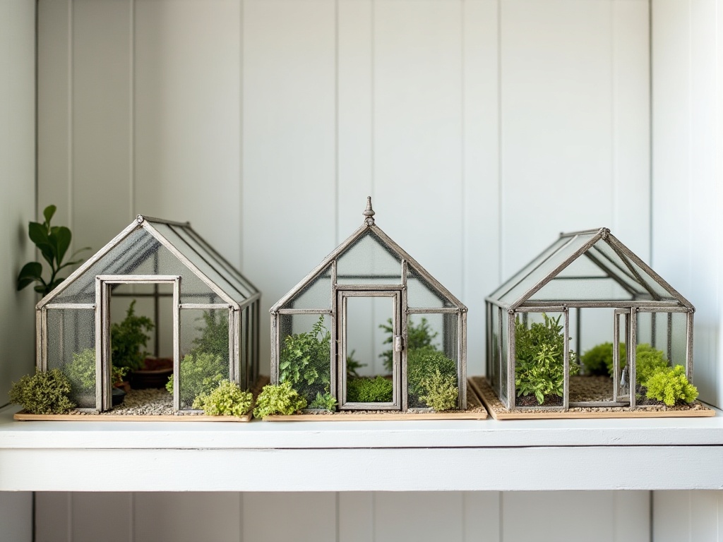 Three miniature greenhouse models showing beginner, intermediate, and advanced difficulty levels side by side on a shelf