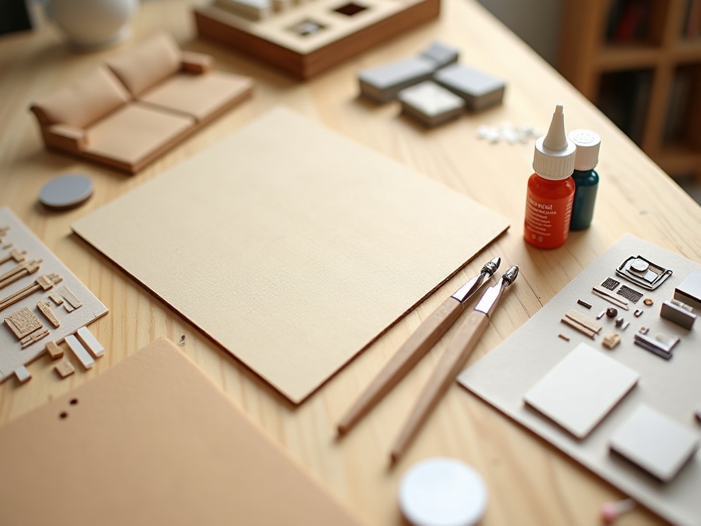 Miniature house kit components laid out flat including laser-cut wood panels, wallpaper sheets, and tiny furniture pieces