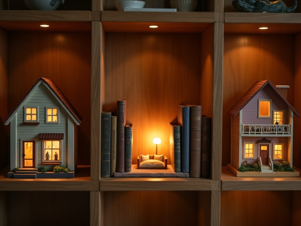 Comparison of a miniature house kit build, a book nook insert, and a traditional open-fronted dollhouse displayed on a wooden shelf